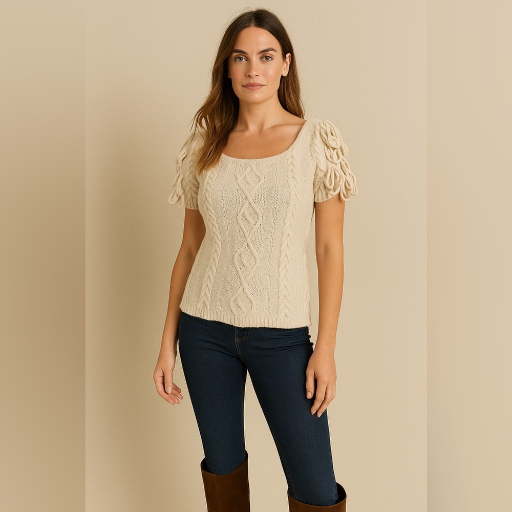 Anthropologie Cream Cable Knit Sweater | Sleeves with Tassel Detail | Size L